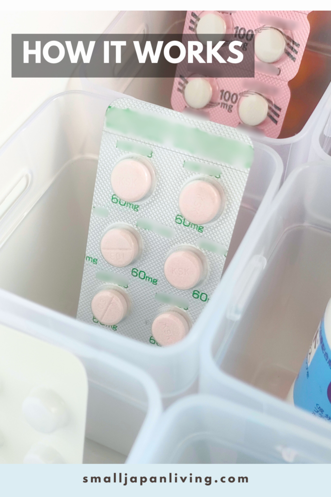 Close-up of a neatly organized medicine drawer with pills and small items sorted in clear drawer organizer cups