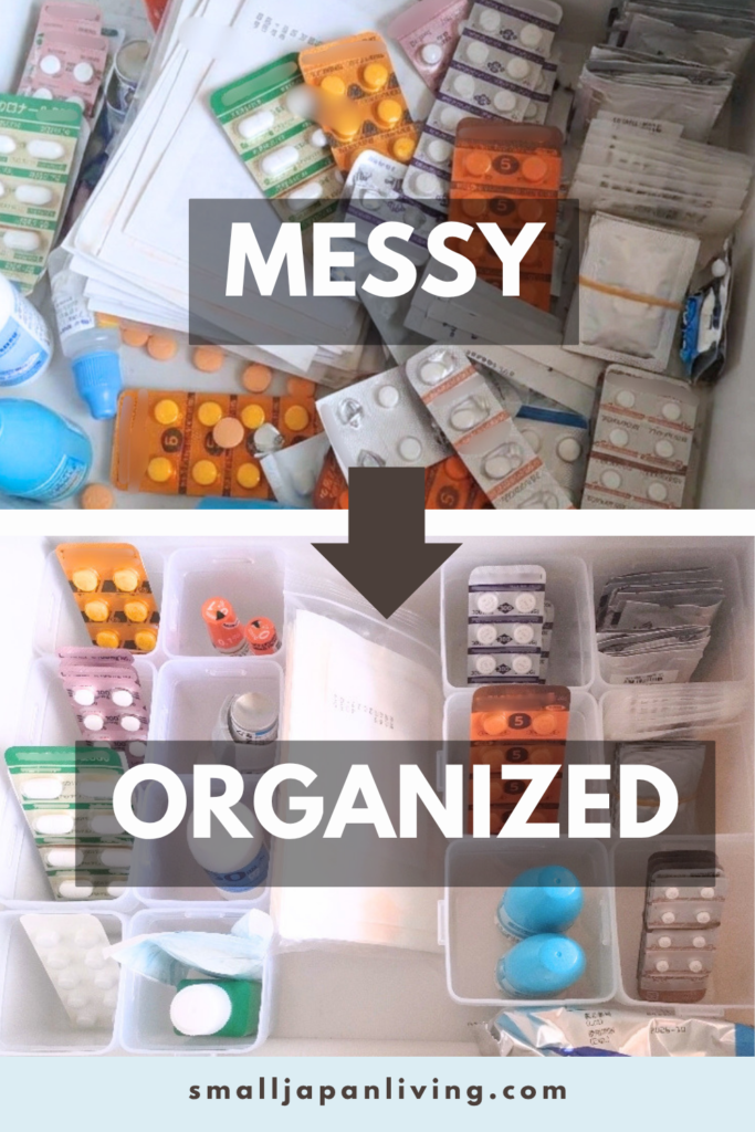 Before and after of a messy medicine drawer transformed into an organized drawer using clear storage cups