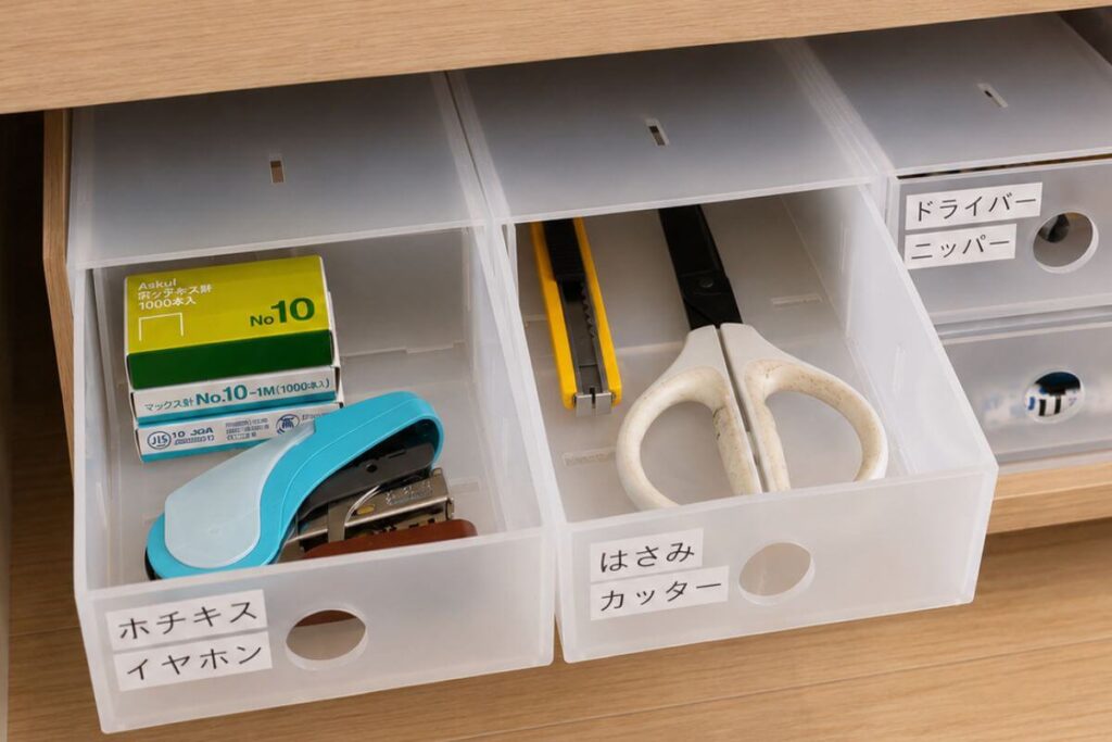 A close-up photo of a neat Japanese stationery organization setup using white translucent MUJI polypropylene storage boxes with small drawers. Each drawer contains minimalist school supplies like a stapler, scissors, and a utility knife, all spacious and not overfilled. Clean, handwritten-style labels are pasted on the front of each drawer, showcasing a clear Montessori-inspired designated home concept.