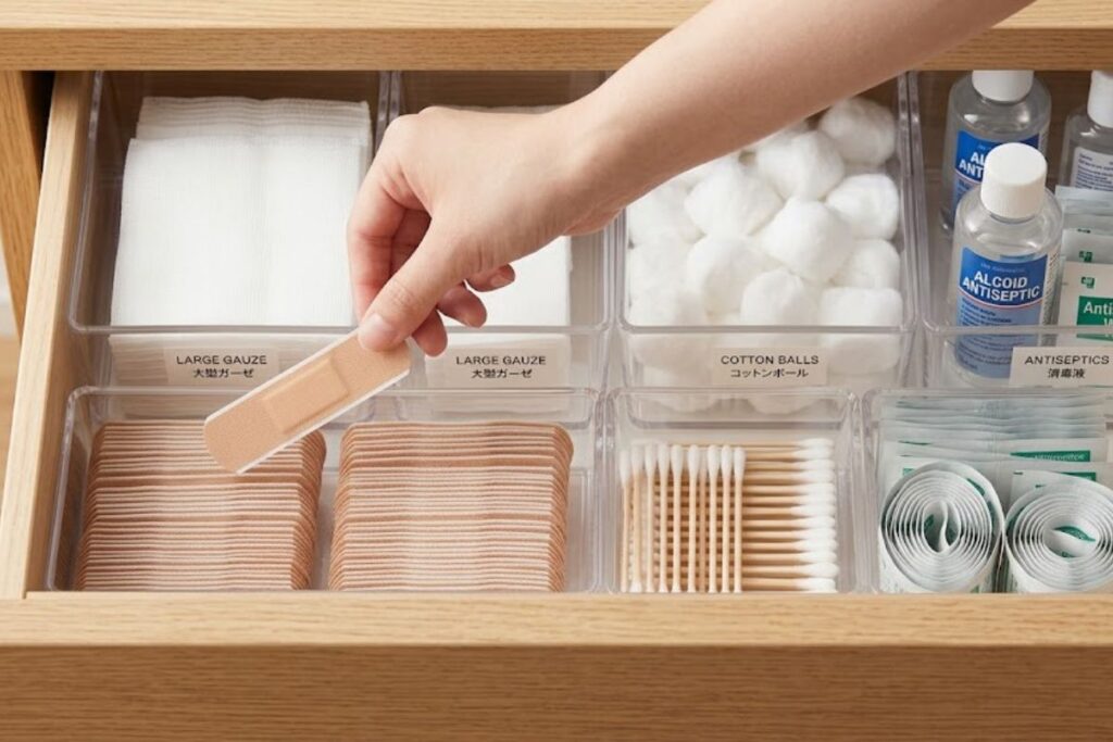 A hand reaching into an organized medicine drawer to grab a band-aid from clear divider boxes.