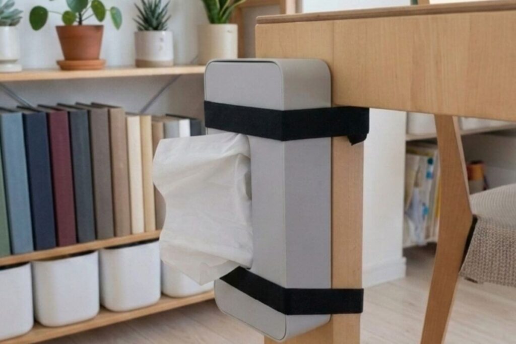 A close-up photo of a clever Japanese tissue storage hack where a light gray plastic tissue box is strapped vertically to a wooden desk leg using two black elastic bands. The tissue paper is pulled out horizontally, completely floating off the floor. In the background, a neat wooden bookshelf with organized books and white bins creates a minimalist Japandi style living room aesthetic.